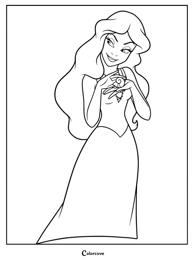 Vanessa, the human alter ego of Ursula, holding her shell necklace in this printable coloring page.