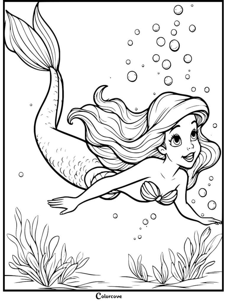 Ariel swimming gracefully underwater surrounded by bubbles and seaweed in this printable coloring page.