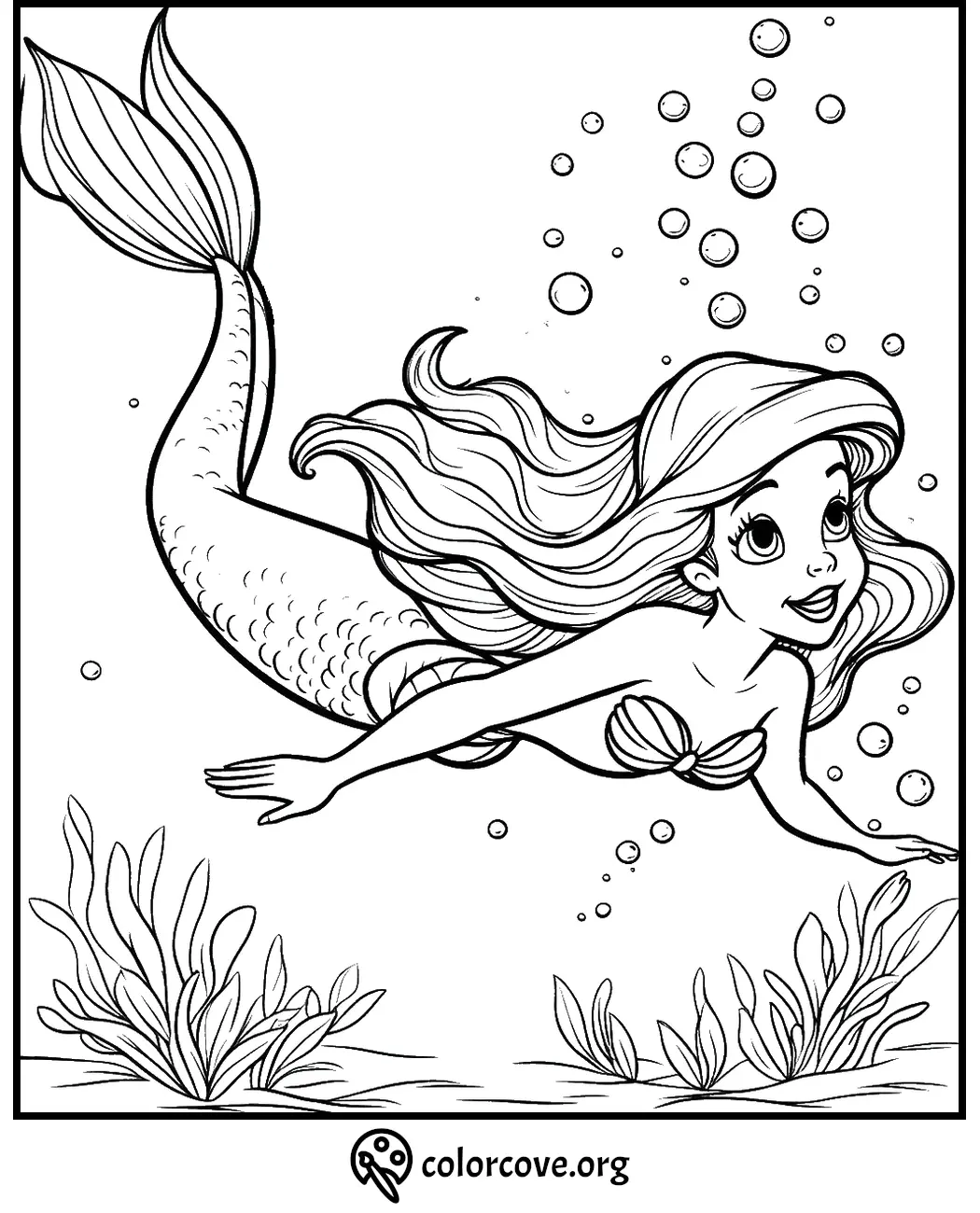 Mermaid coloring page: cheerful mermaid swimming underwater with bubbles and seaweed. Perfect for kids' coloring activities.