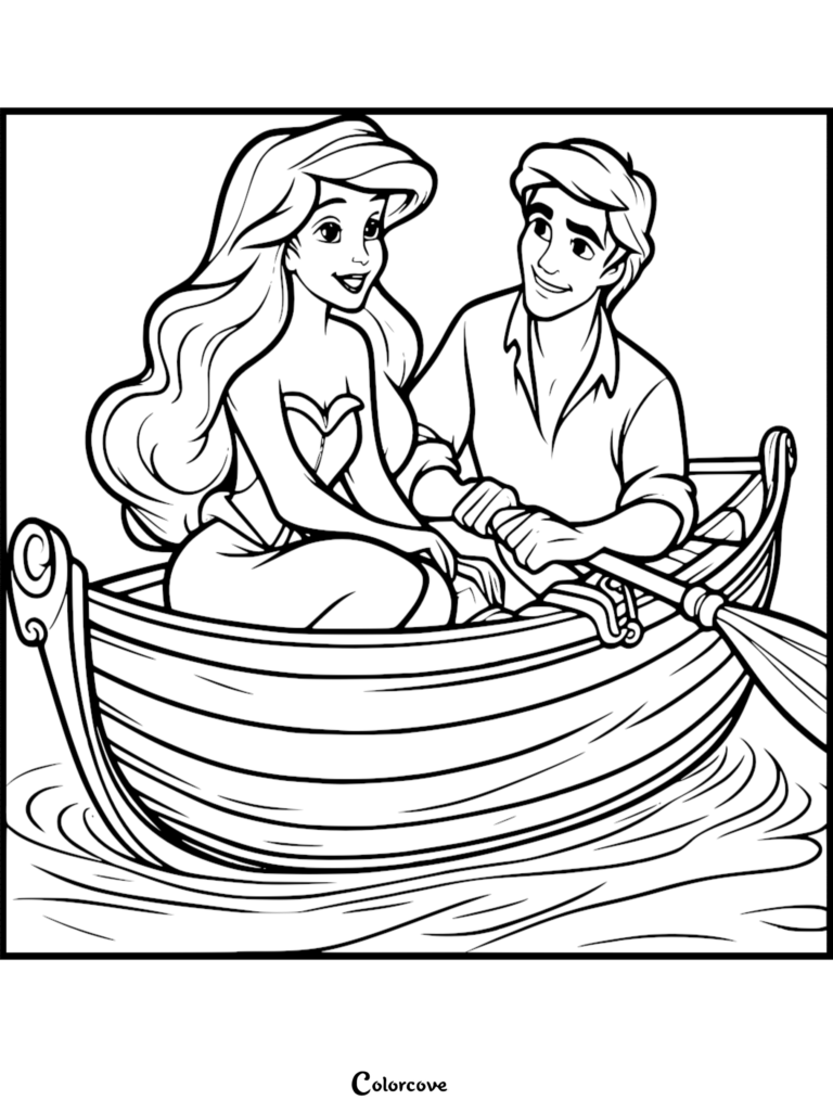 Ariel and Prince Eric sitting together in a wooden rowboat on a calm lake, a printable coloring page.