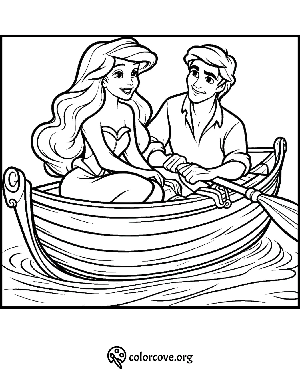 Couple on a boat coloring page, featuring a romantic scene to color, perfect for kids and Disney fans.