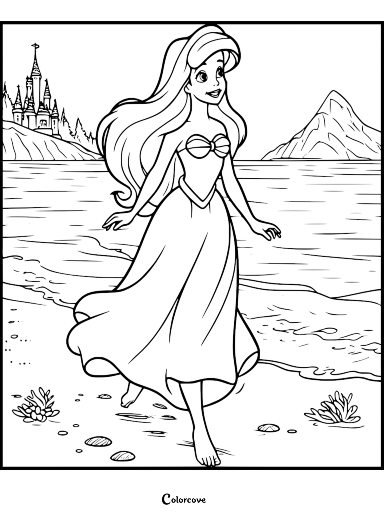 Ariel walking barefoot on the sandy shore with Prince Eric's castle in the background in this printable coloring page.