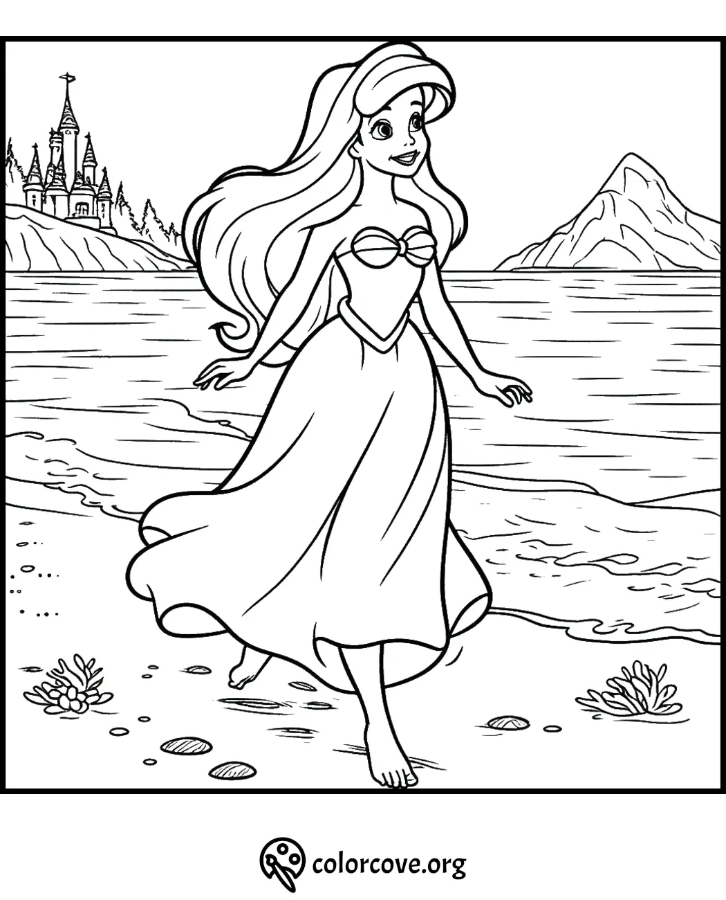 Mermaid princess coloring page, beach scene with castle and mountain background, suitable for kids' art activity.