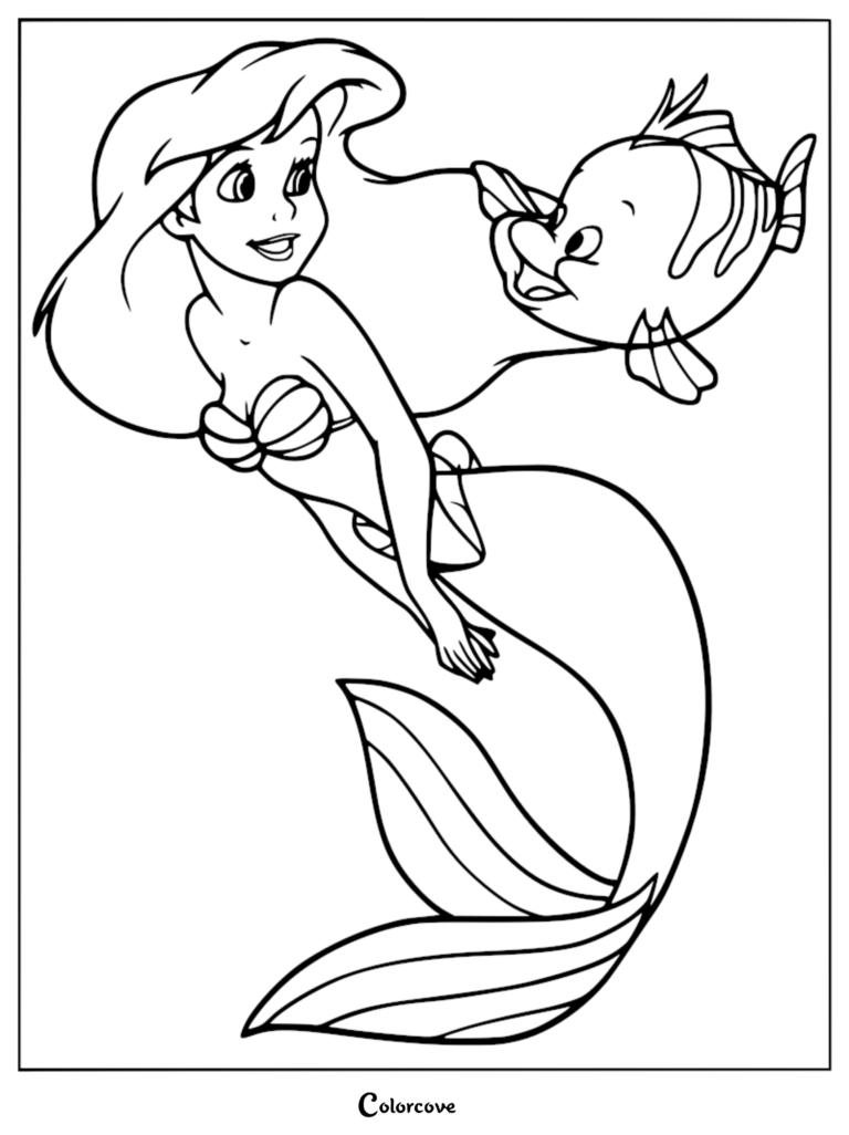 Ariel and Flounder swimming together in this printable coloring page featuring the two friends from The Little Mermaid.