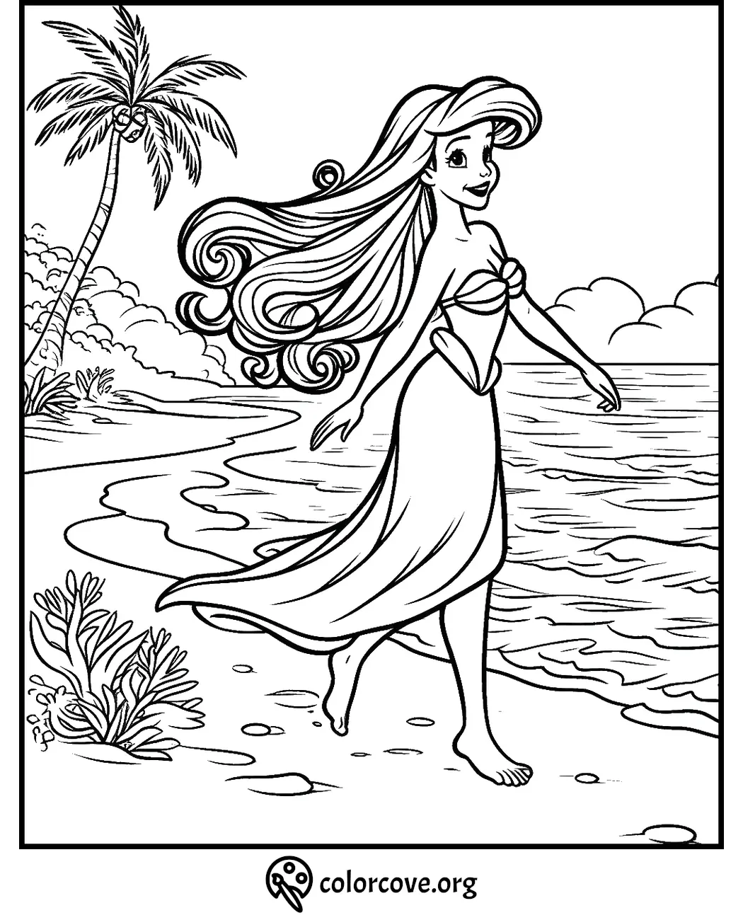 Mermaid princess coloring page by the beach, featuring a flowing dress and long hair, perfect for creative kids.