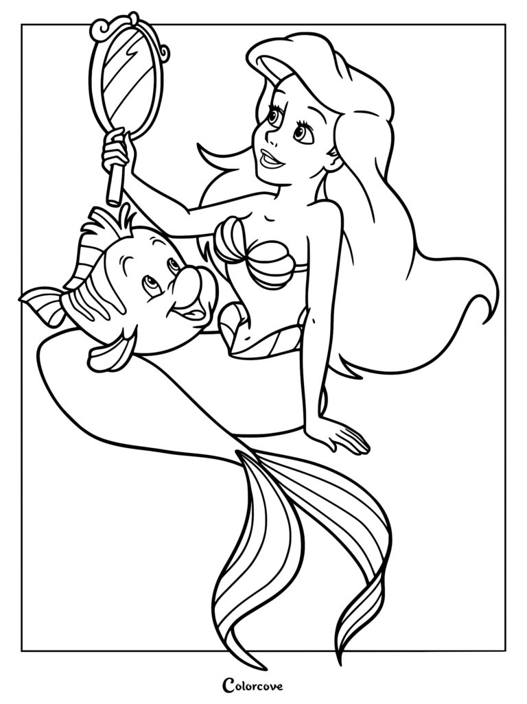 Ariel holding a hand mirror while Flounder watches, printable coloring page of The Little Mermaid characters.