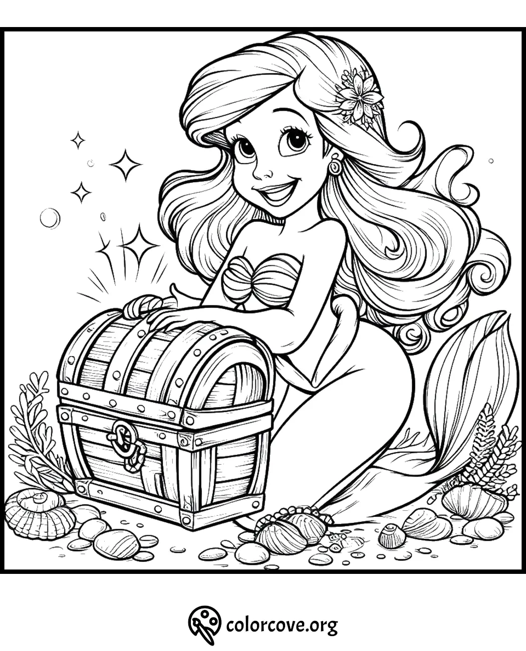 Mermaid with a treasure chest coloring page for kids, featuring seashells and underwater plants.