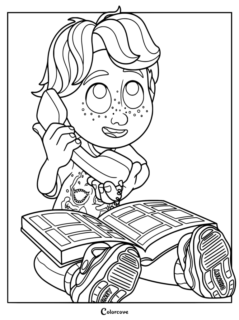 Andy Davis from Toy Story wearing a dinosaur t-shirt, sitting on the floor with an open book while talking on a landline telephone, printable coloring page.