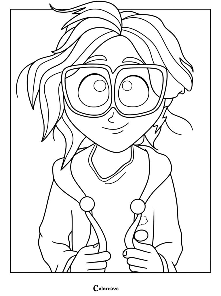 Katie Mitchell from The Mitchells vs. the Machines wearing large glasses and a hoodie in this printable coloring page.