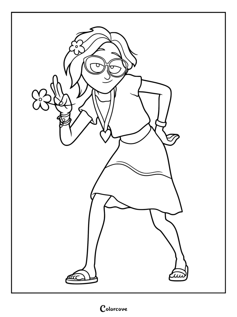 Katie Mitchell wearing glasses and a heart necklace, posing with a flower in this printable coloring page.