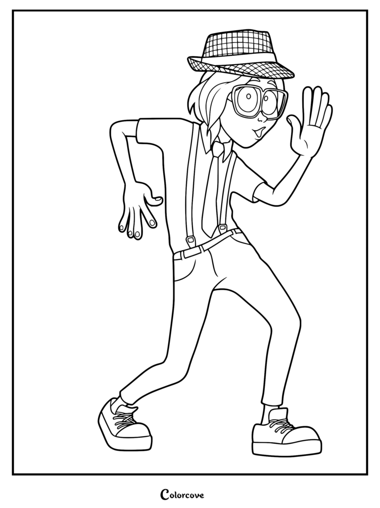 Aaron Mitchell from The Mitchells vs. the Machines wearing a fedora, glasses, and suspenders in a dancing pose, printable coloring page.