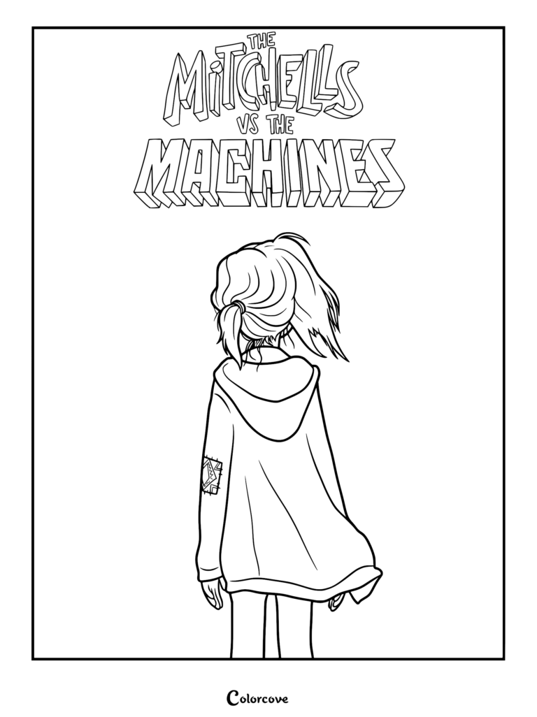 Katie Mitchell from The Mitchells vs. the Machines standing with her back to the viewer, wearing a hooded sweatshirt with a patch on the sleeve, featured in a printable coloring page.