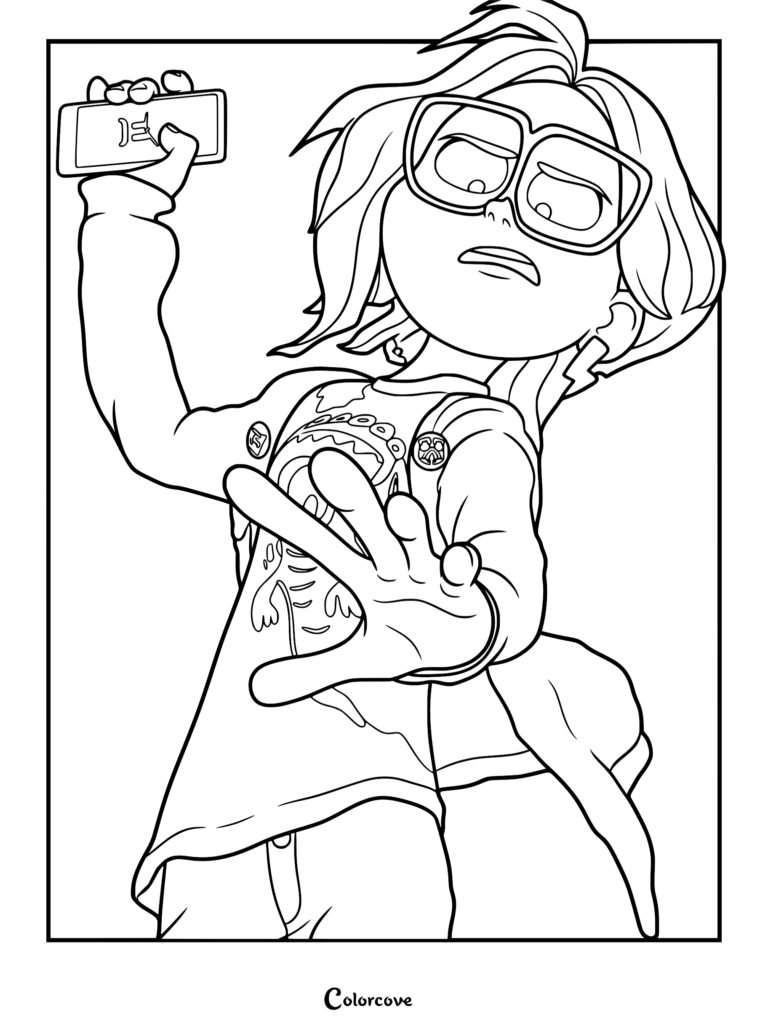Katie Mitchell wearing large glasses and a graphic t-shirt holding up a smartphone to take a selfie in this printable coloring page.