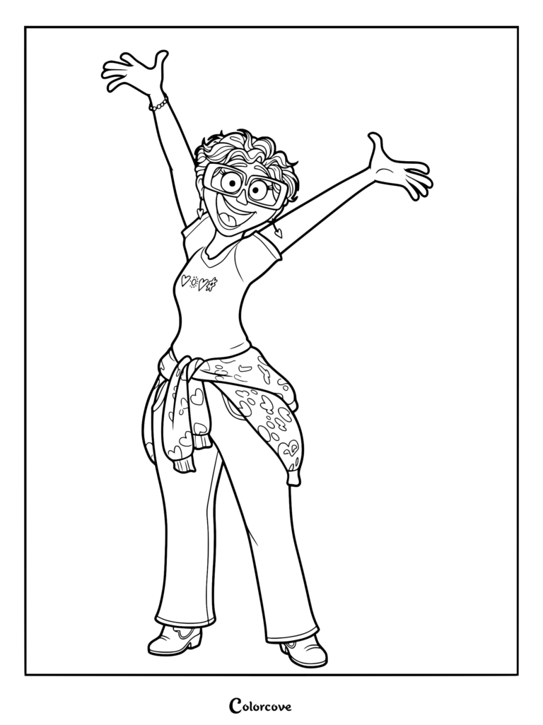 Linda Mitchell from The Mitchells vs. the Machines with arms raised in excitement, wearing glasses and a heart-patterned shirt, in a printable coloring page format.