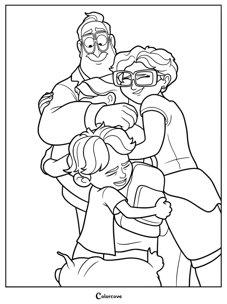 Rick, Linda, Katie, and Aaron Mitchell sharing a group hug in this printable coloring page.