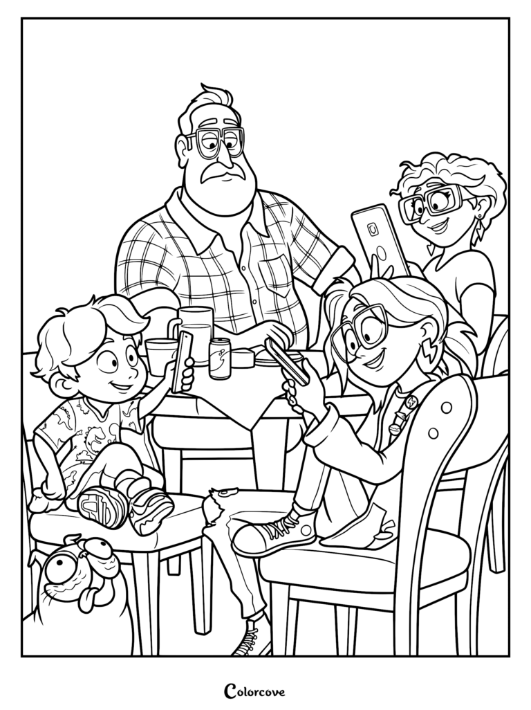 The Mitchell family including Rick, Linda, Katie, and Aaron Mitchell with Monchi the pug, all looking at their smartphones in a coloring page.