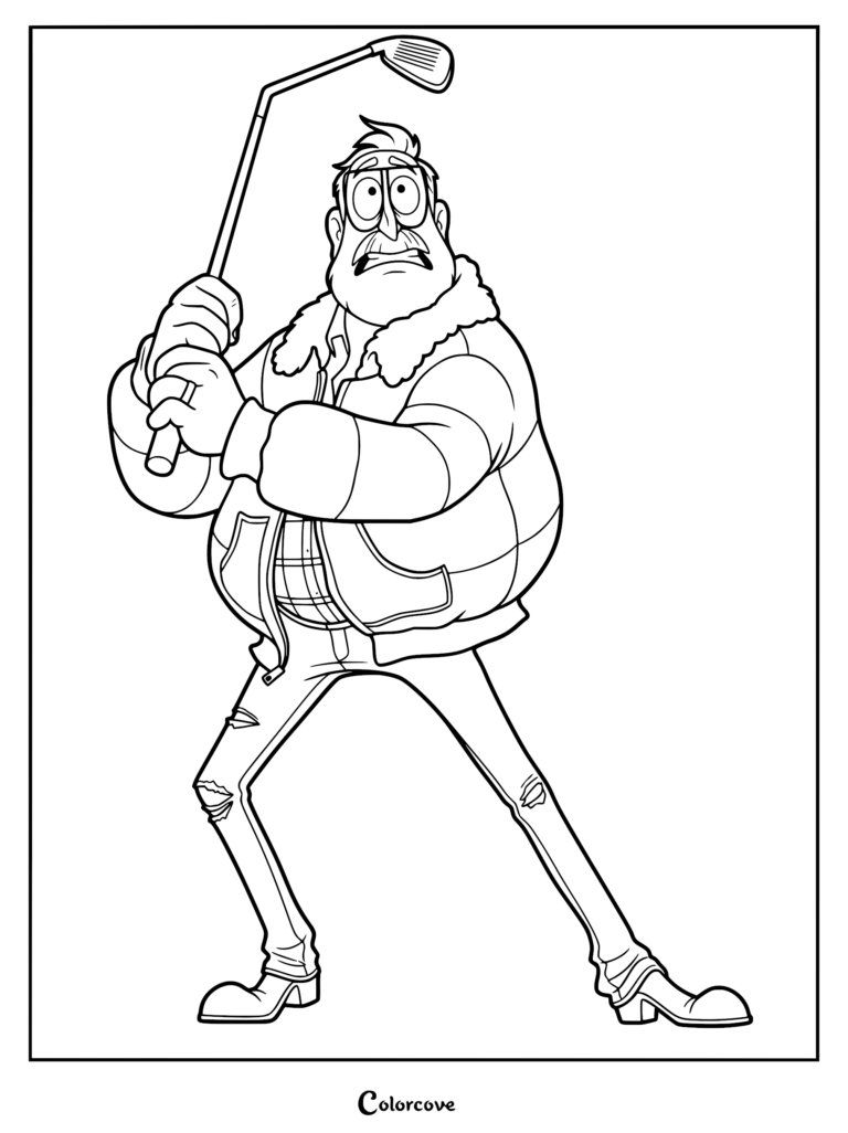 Rick Mitchell from The Mitchells vs. the Machines holding a golf club in a wide stance, printable coloring page.