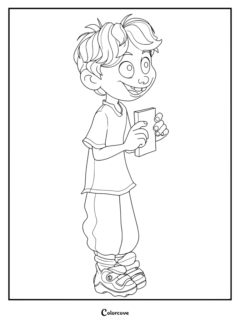 Aaron Mitchell from The Mitchells vs. the Machines holding a small book, line art coloring page for kids.