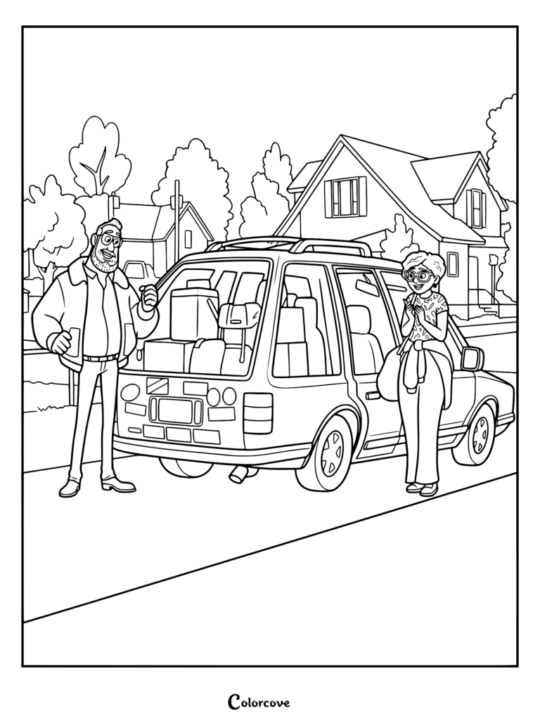 Rick and Linda Mitchell standing by their station wagon packed with luggage in front of their suburban home, printable coloring page.