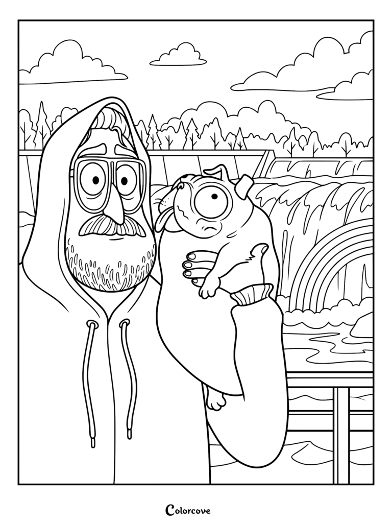 Rick Mitchell wearing a hoodie and glasses holding Monchi the pug in front of a waterfall, printable coloring page.