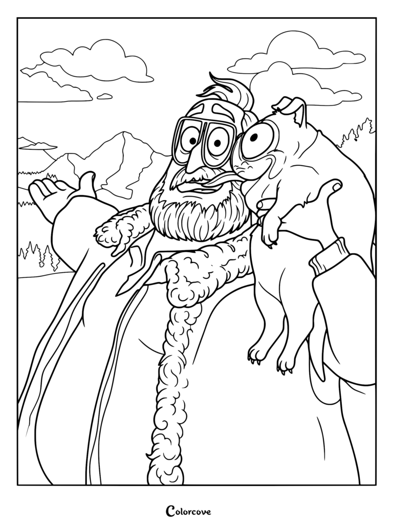 Rick Mitchell wearing goggles and a beard holding Monchi the pug in a mountain landscape coloring page.