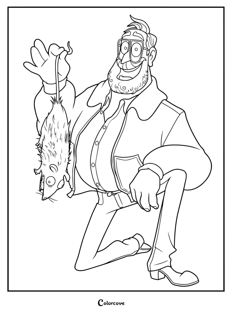 Rick Mitchell from The Mitchells vs. the Machines wearing glasses and a jacket, kneeling while holding a rat by its tail in this printable coloring page.