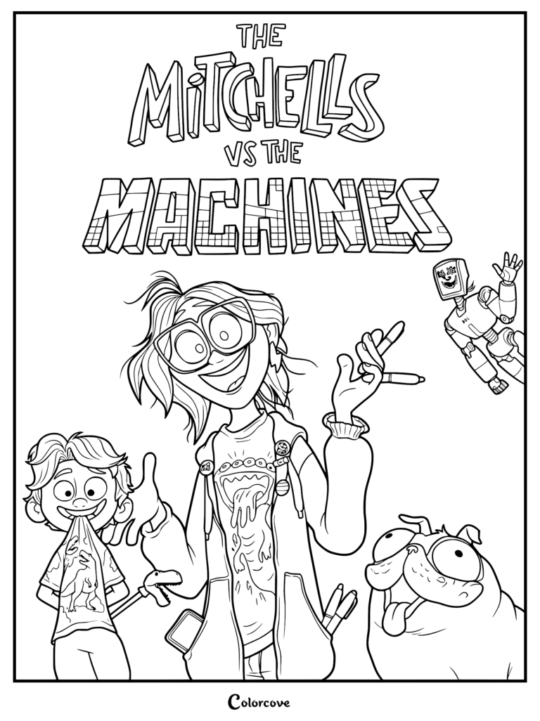 Katie Mitchell, Aaron Mitchell, Monchi the pug, and a PAL robot in a printable coloring page featuring the movie logo.