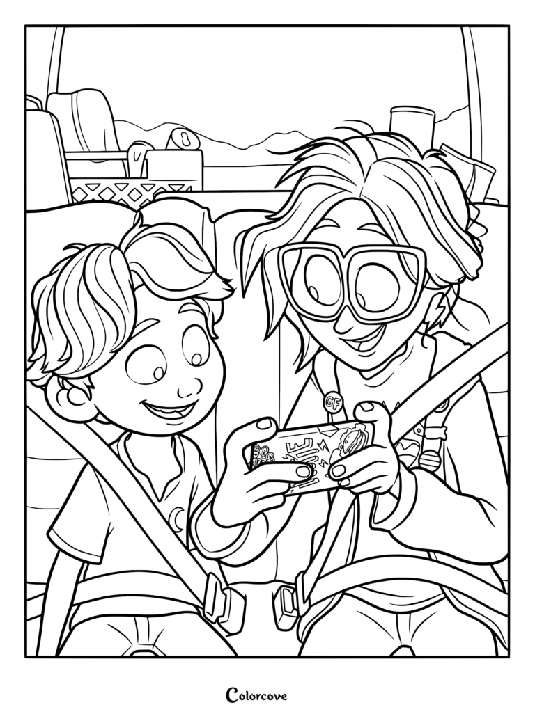 Katie and Aaron Mitchell looking at a smartphone together in a car, printable coloring page.