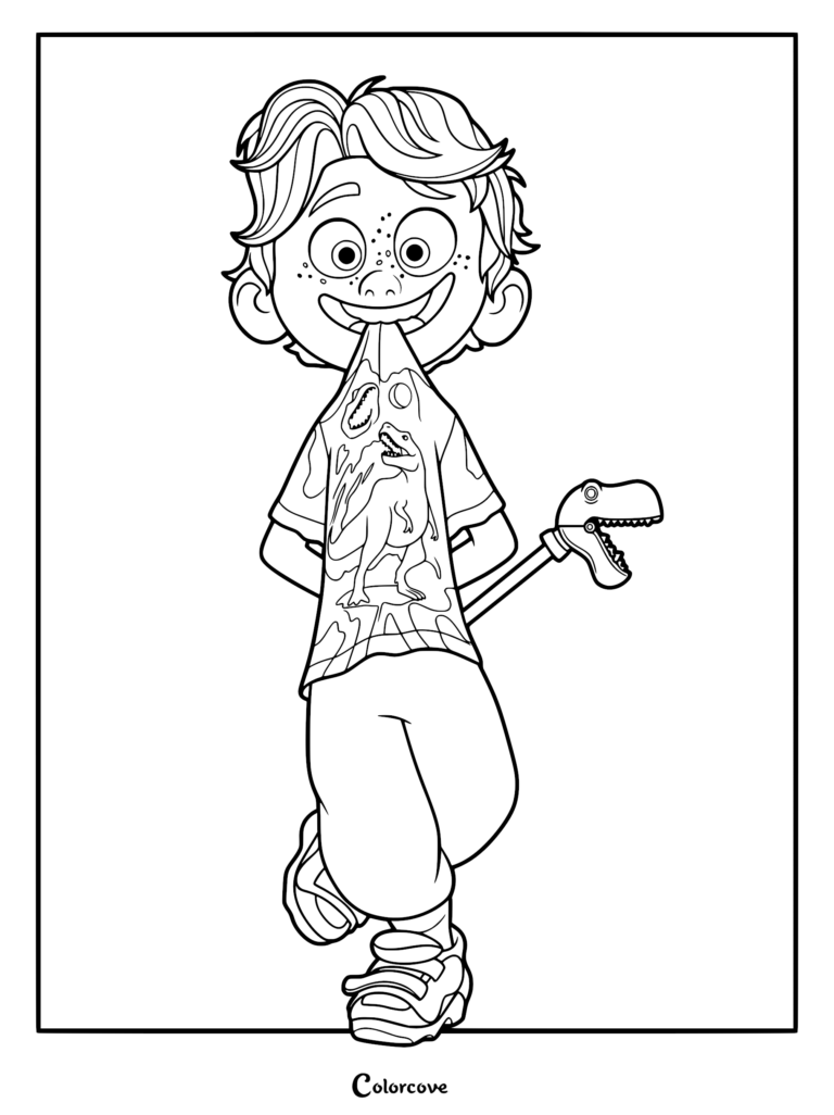 Aaron Mitchell from The Mitchells vs. the Machines holding a dinosaur toy in his mouth, printable coloring page.