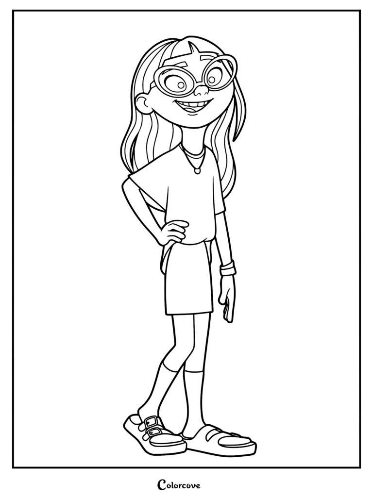 Abby Posey from The Mitchells vs. the Machines standing with hands on hips, wearing large glasses, a t-shirt, skirt, and sandals in this printable coloring page.