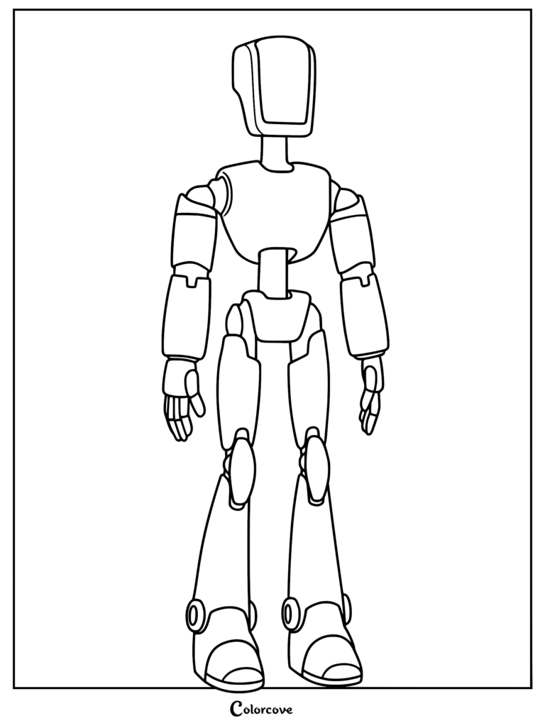 A printable coloring page featuring a full-body line art illustration of a PAL Max robot from The Mitchells vs. the Machines standing in a neutral pose.