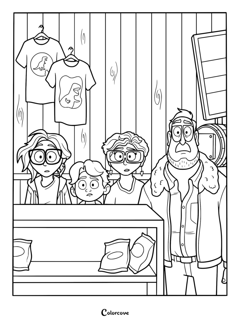 A printable coloring page featuring Katie, Aaron, Linda, and Rick Mitchell standing together in a shop with dinosaur t-shirts hanging on the wall behind them.