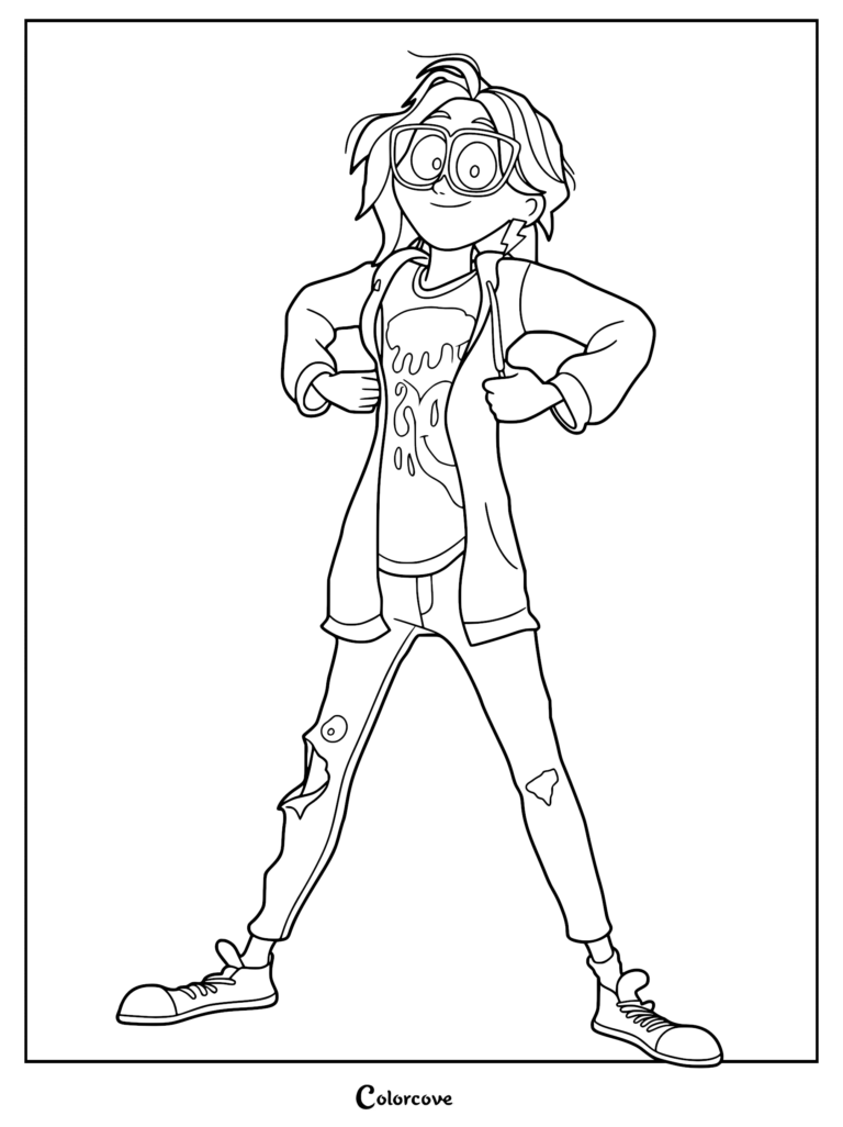 Katie Mitchell from The Mitchells vs. the Machines wearing glasses and a hoodie, standing in a confident pose, featured as a printable coloring page.