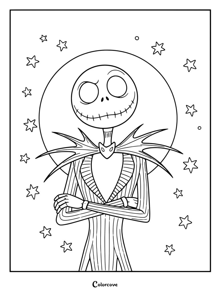 Página para colorear imprimible de Jack Skellington de The Nightmare Before Christmas con los brazos cruzados frente a una luna llena y un cielo nocturno estrellado.