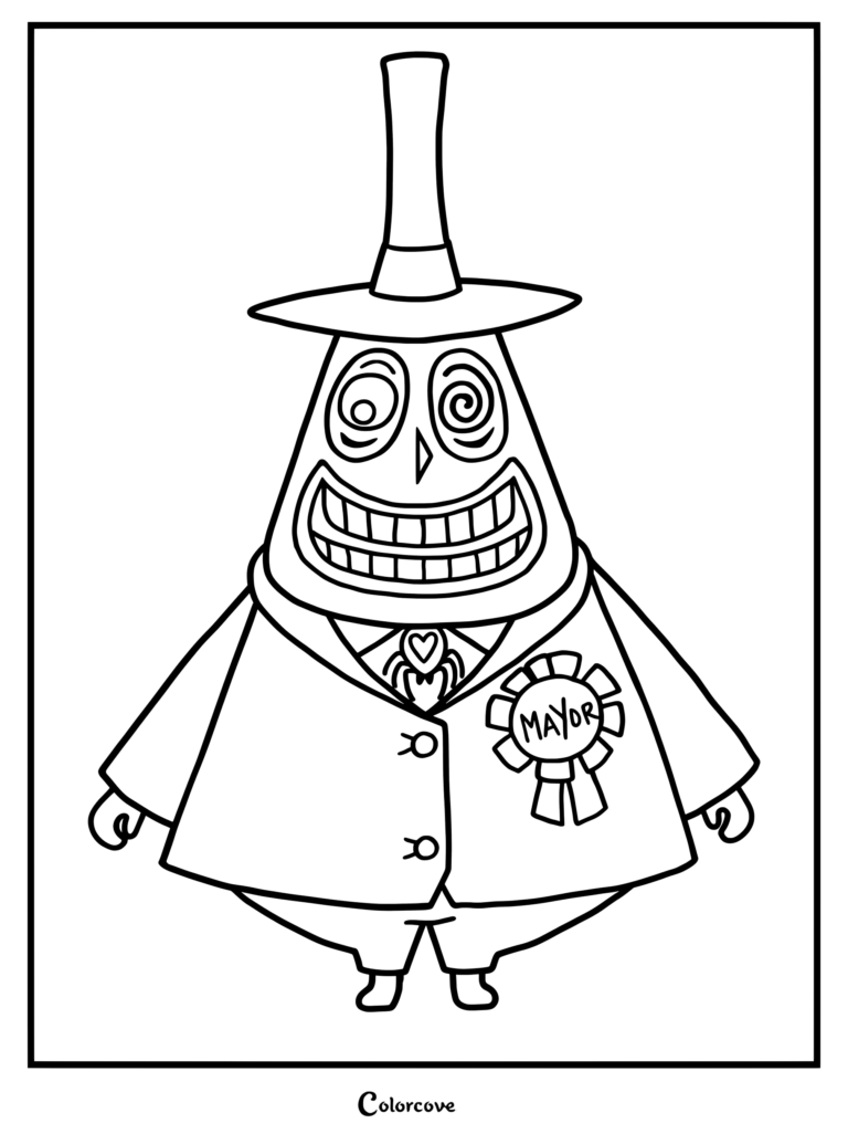 Página para colorear imprimible de El Alcalde de Ciudad de Halloween de The Nightmare Before Christmas usando su sombrero de copa alto, corbata de araña y cinta de alcalde.