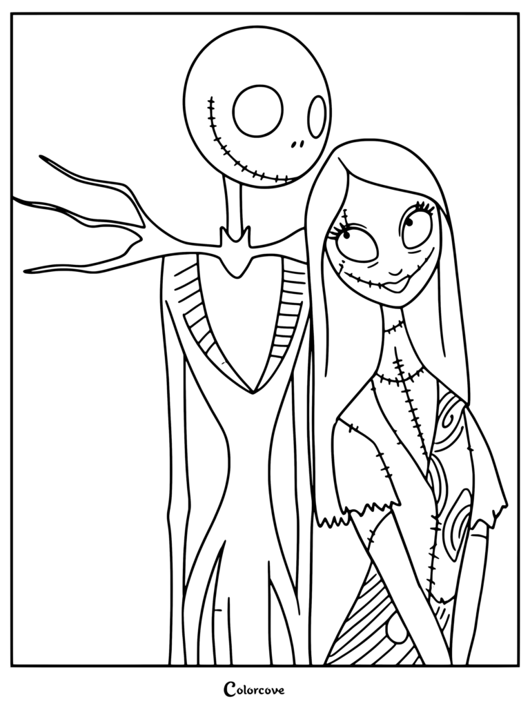 Dibujo para colorear gratuito de Jack Skellington y Sally de The Nightmare Before Christmas de Tim Burton.