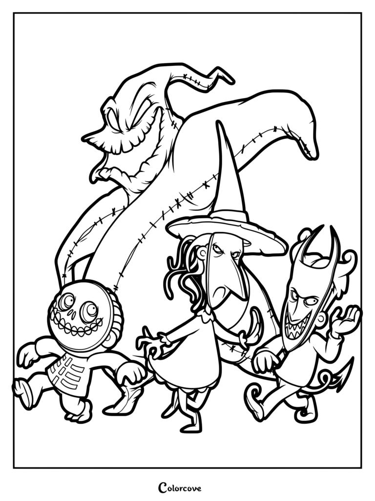 Oogie Boogie stands behind Lock, Shock, and Barrel in this scene.