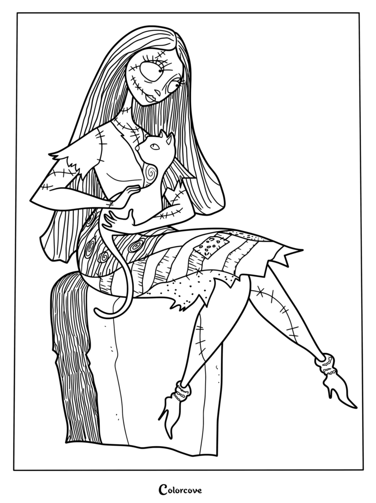 Página para colorear de Sally de The Nightmare Before Christmas sentada y acariciando a un gato negro.