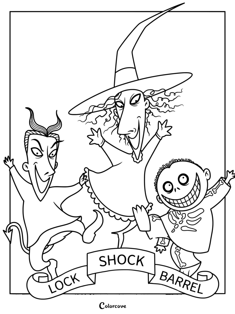 Una página para colorear imprimible del trío travieso Lock, Shock y Barrel de la película de animación stop-motion de 1993 de Tim Burton The Nightmare Before Christmas.