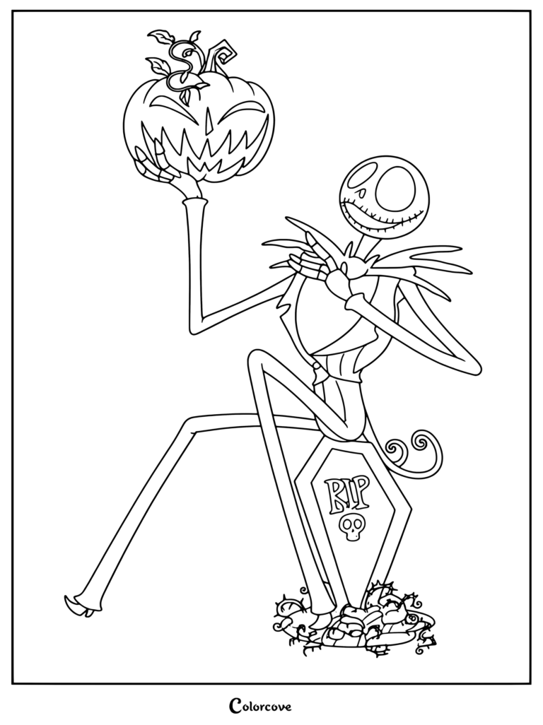 Página para colorear imprimible gratis de Jack Skellington de The Nightmare Before Christmas sentado en una lápida y sosteniendo una calabaza tallada.