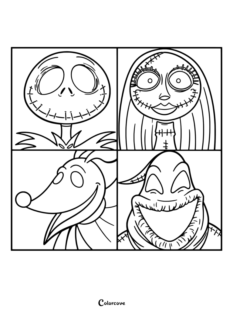 Esta ilustración de arte pop de cuatro paneles presenta a los personajes Jack Skellington, Sally, Zero y Oogie Boogie del dibujo para colorear de The Nightmare Before Christmas.