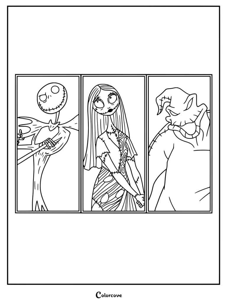 Jack Skellington, Sally, and Oogie Boogie are displayed in three distinct panels.