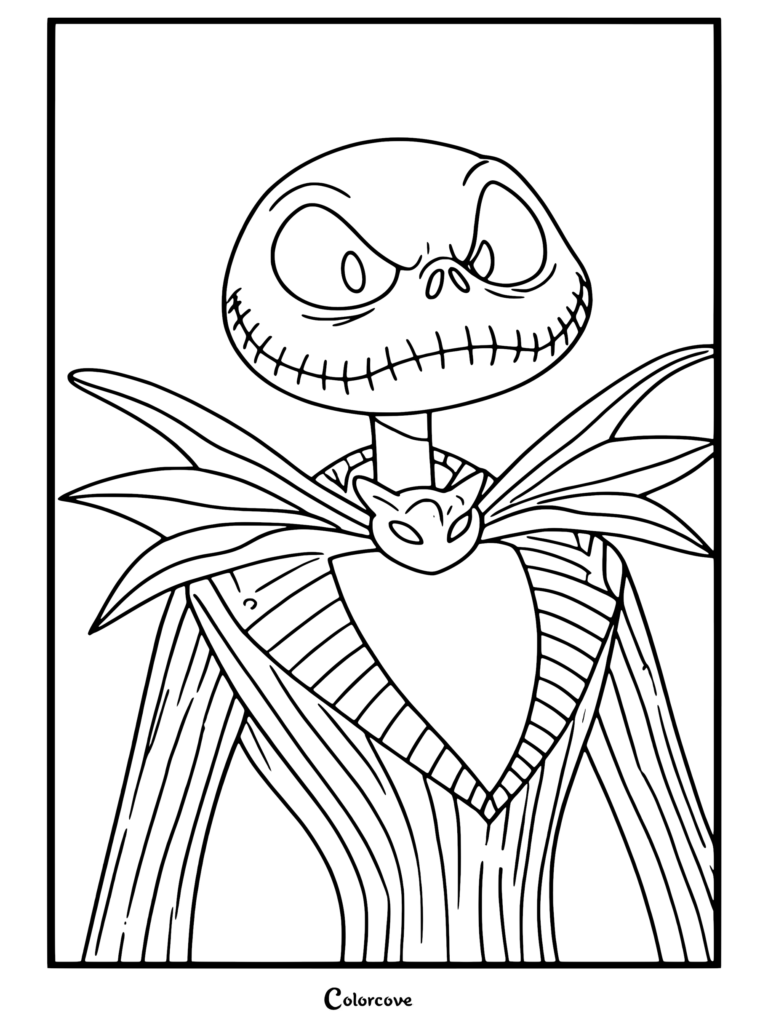 Una página para colorear imprimible de Jack Skellington de The Nightmare Before Christmas usando su característico traje de rayas diplomáticas y pajarita de murciélago con una expresión intensa.