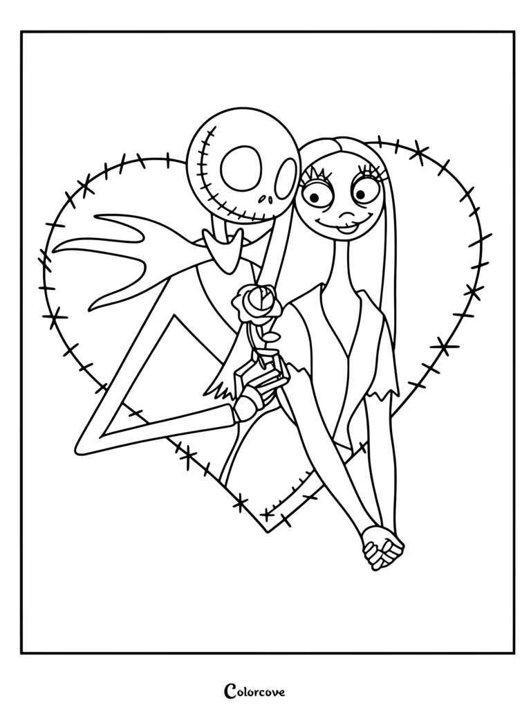 Jack Skellington and Sally stand together inside a stitched heart while holding a rose.