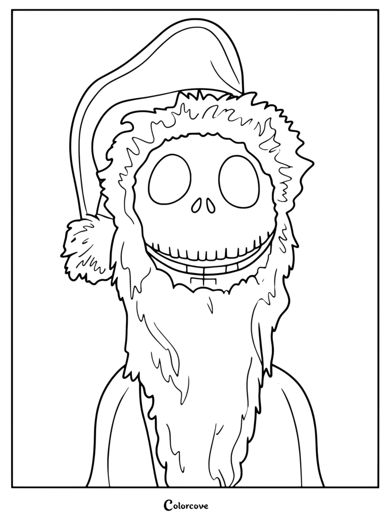 Página para colorear gratis de Jack Skellington de The Nightmare Before Christmas disfrazado de Sandy Claws con un gorro de Papá Noel y una barba larga