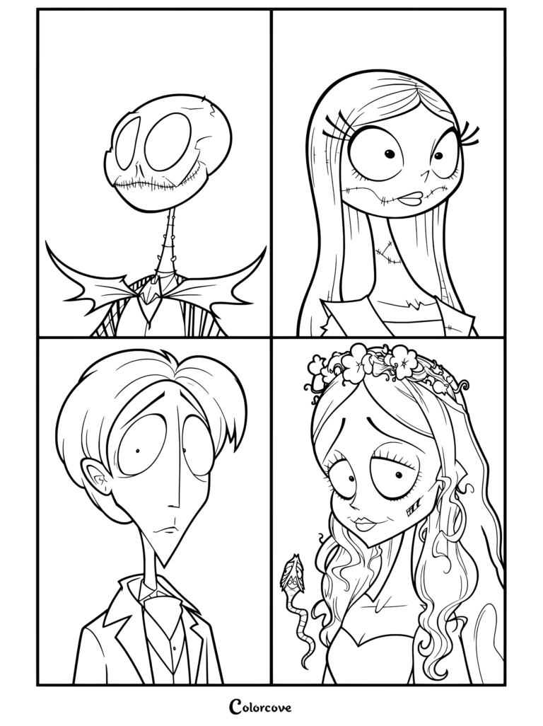 Dibujo para colorear gratis para imprimir con Jack Skellington, Sally, Victor Van Dort y Emily de The Nightmare Before Christmas.