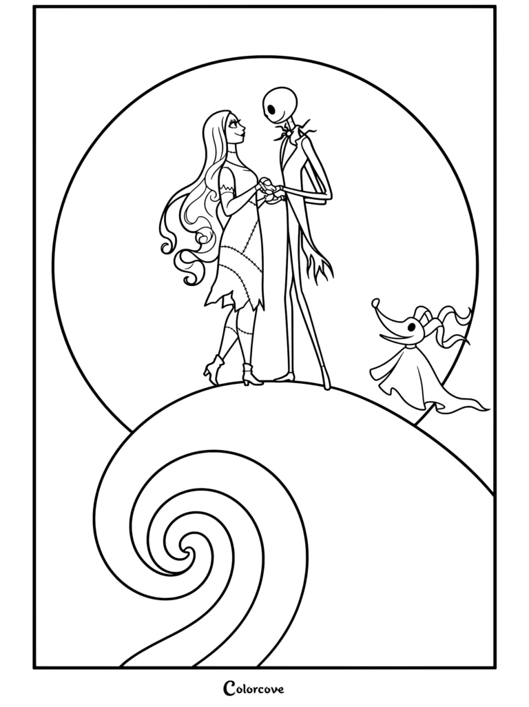 Dibujo para colorear de The Nightmare Before Christmas con Jack Skellington y Sally de pie en la colina espiral tomados de la mano frente a la luna llena y Zero flotando cerca