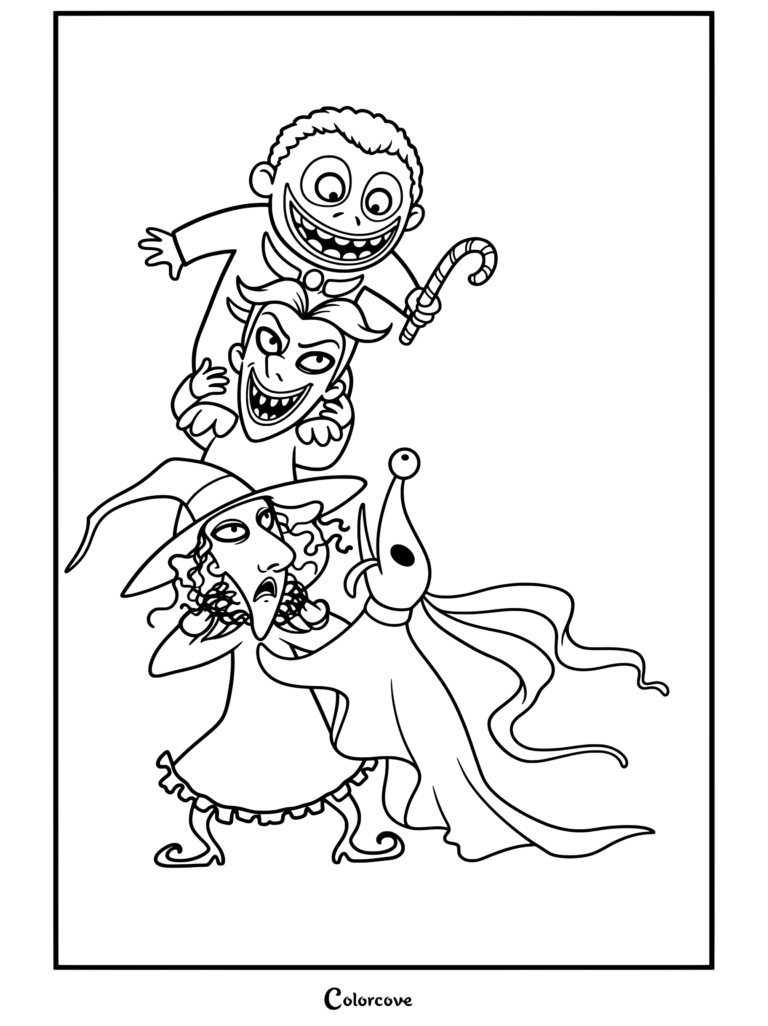 Dibujo para colorear de Lock, Shock y Barrel apilados uno encima del otro con Zero de The Nightmare Before Christmas