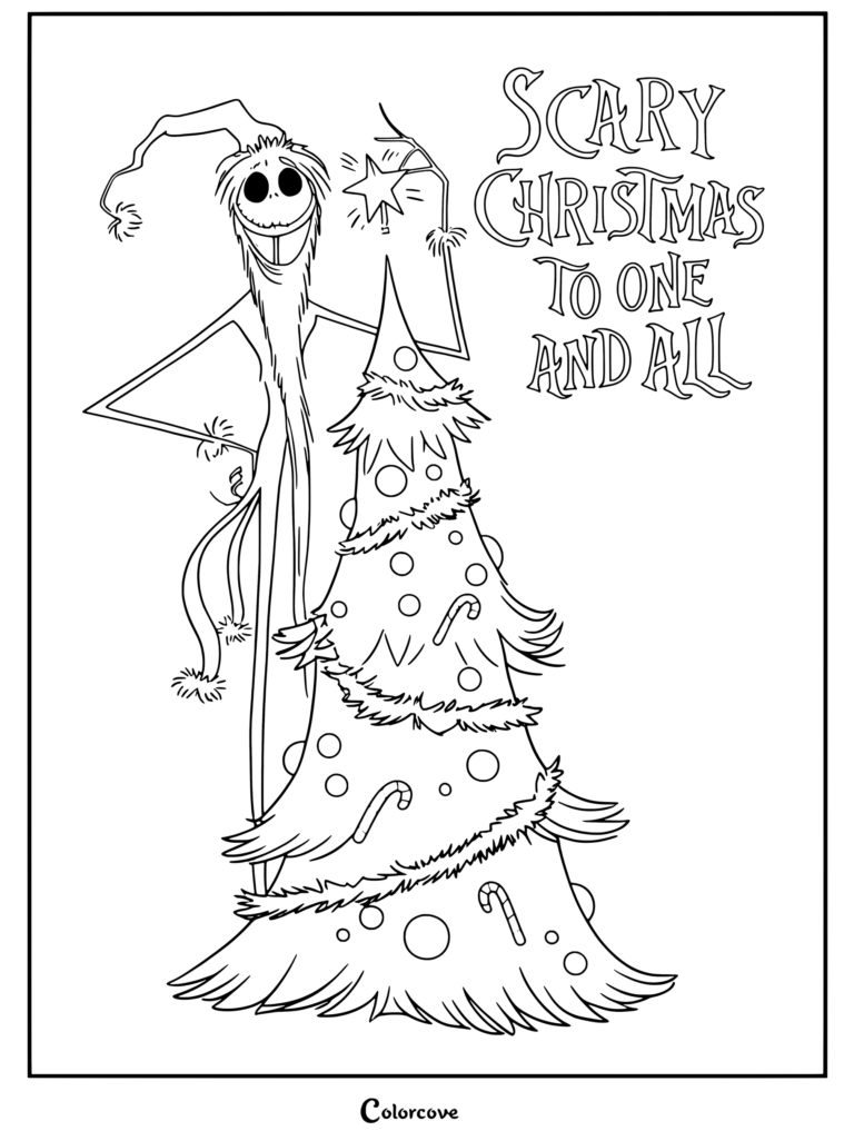 Página para colorear gratis de Jack Skellington y un árbol de navidad de The Nightmare Before Christmas.