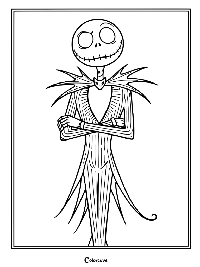 Una página para colorear imprimible de Jack Skellington de The Nightmare Before Christmas de pie con los brazos cruzados en su característico traje de rayas diplomáticas.